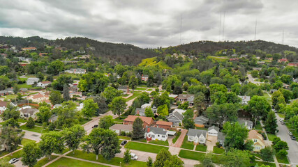 Sticker - RAPID CITY, SD -JULY 2019: Arial view of Rapid City on a cloudy summer day, South Dakota