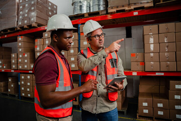 Wall Mural - Two mixed race workers holding digital tablet discussing location of parcels in packaging factory 