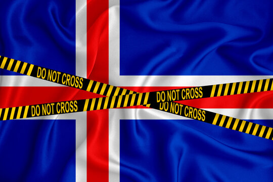 Iceland flag, the Don't Cross the Line mark and the location tape. Crime concept, police investigation, quarantine. 3d rendering
