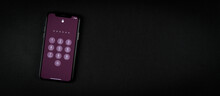Mobile Smartphone, Cell Phone Or Telephone With Password Numbers On The Violet Lock Screen. Black Leather Table Surface Background, Studio Top Close Up View Photography, Copy Space.