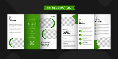 Corporate business trifold brochure template. Modern, Creative and Professional tri fold brochure vector design. Simple and minimalist promotion layout with green color.