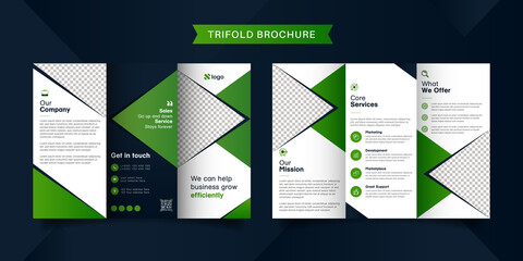 Corporate business trifold brochure template. Modern, Creative and Professional tri fold brochure vector design. Simple and minimalist promotion layout with dark blue and green color.