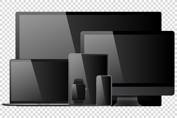 Wall Mural - laptop, computer, tablet, mobile, watch mockup isolated blank screen vector set. white monitor touchscreen gadget technology equipment. phone, smartphone, smartwatch on background