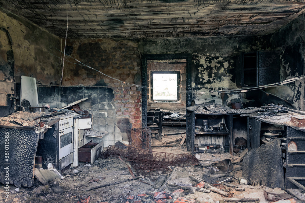 Destroyed and messy kitchen after a domestic fire Stock Photo | Adobe Stock
