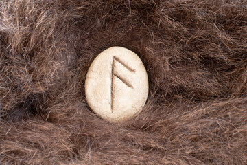 Wall Mural - Ansuz Nordic stone rune on animal fur. Letter Aesc of the Viking alphabet.