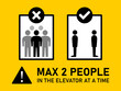 Max 2 People in the Elevator at a Time Horizontal Social Distancing Instruction Sign with an Aspect Ratio 4:3. Vector Image.