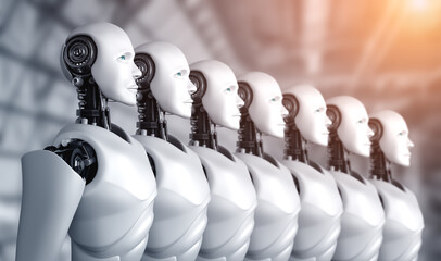 Poster - 3d illustration of robot humanoid group in concept of future artificial intelligence and 4th fourth 