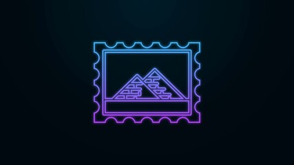 Poster - Glowing neon line Postal stamp and Egypt pyramids icon isolated on black background. 4K Video motion graphic animation