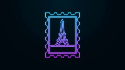 Sticker - Glowing neon line Postal stamp and Eiffel tower icon isolated on black background. 4K Video motion graphic animation