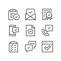 Poster - Check marks line icons. Checkmarks, approval, tick, quality control, approve concepts. Simple outline symbols, modern linear graphic elements. Thin line design. Vector icons set