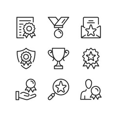 Poster - Award line icons. Trophy, achievement, certified product, gold cup, reward concepts. Simple outline symbols, modern linear graphic elements. Thin line design. Vector icons set