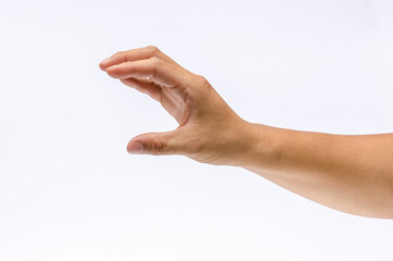 Wall Mural - Close up of hand with hoding something. Isolated on white background.