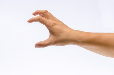 Wall Mural - Close up of hand with hoding something. Isolated on white background.