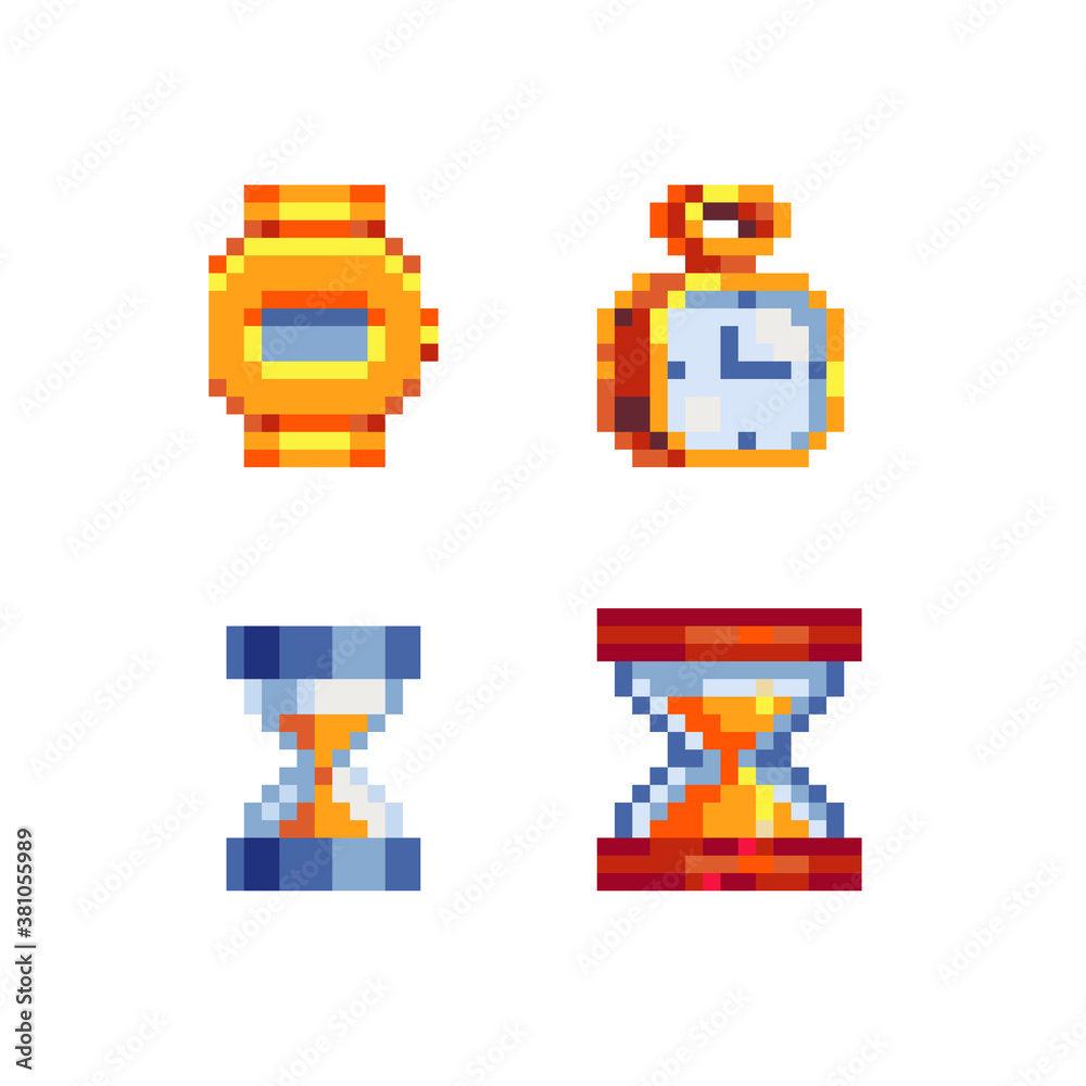 Loading icon, hourglass, stopwatch and golden watches. Pixel art icon ...
