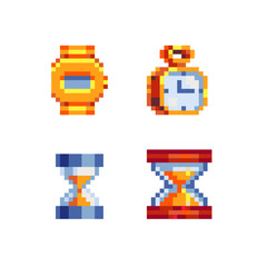 Wall Mural - Loading icon, hourglass, stopwatch and golden watches. Pixel art icon set. Stickers design.  Isolated vector illustration. 8-bit sprites. Old school computer graphic style.