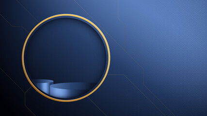 Poster - 3d Dark blue circle podium display with Abstract gold geometric shape luxury concept. Vector Illustration