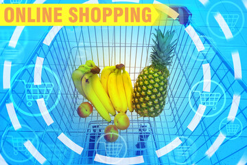 Poster - The concept of online shopping. Fruit in a shopping cart on the background of the inscription Online shopping. Ordering products with home delivery. Buying food on the Internet.