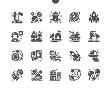 Space Exploration, Space Technology To Explore Outer Space. Science Fiction And Astronomy. Space, Cosmonaut And Galaxy. Vector Solid Icons. Simple Pictogram