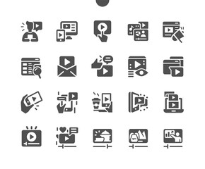 Poster - Social media video. Marketing strategy. Video live streamings. Mobile gadgets, tablet computer and smartphone for watching live video over the Internet. Content. Vector Solid Icons. Simple Pictogram