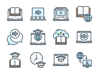 Poster - distance education and online lecture related vector color line icons. e-learning and remote learnin