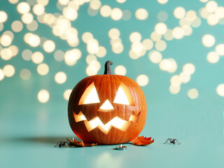 Wall Mural - Halloween party. Jack O Lantern on blue background with bokeh effect. 3d rendering