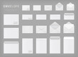 White envelopes set. Blank mockups, front and back, open and closed. Different sizes. Vector illustration.