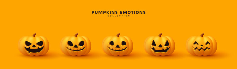 Wall Mural - halloween set of pumpkin for holiday. realistic 3d orange pumpkins with cut scary good joy smile. co