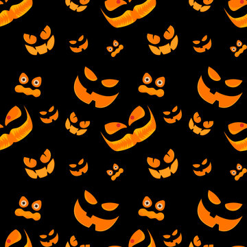 Halloween seamless pattern background .Vector scary face of ghosts. Vector Jack O Lantern pumpkin face on black background.