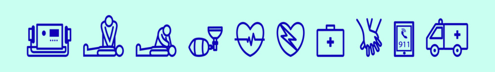 set of CPR and medical cartoon icon design template with various models. vector illustration isolated on blue background