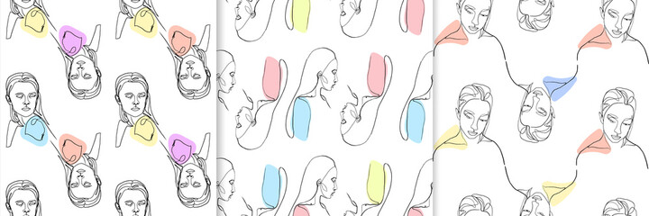 Poster - Abstract faces seamless pattern. Fashion portraits with blue and red accents modern minimalist scribble drawing style decorative outlines with yellow and green vector fragments.