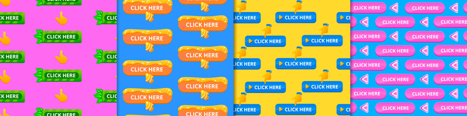 Poster - Button click here seamless pattern. Red background with green rectangle and hand orange arrow clicking on blue information, pink interface pointer yellow vector graphic.