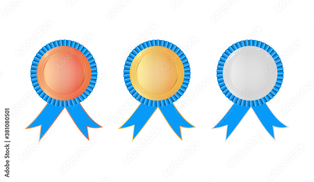 Gold, silver and bronze medals with arms and blue ribbons. Award ...