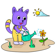 a cat is watering plant