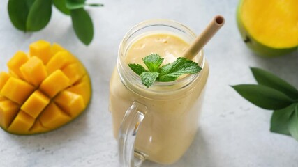 Wall Mural - Healthy mango smoothie in glass jar. Woman put fresh smoothie on table