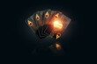 Black gold playing cards for poker, four aces on a dark background. Design template. Casino concept, gambling, header for the site. Copy space, 3D illustration, 3D render.