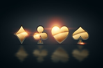 Black-gold sign of the suits of playing cards for poker, four aces on a dark background. Design template. Casino concept, gambling, header for the site. Copy space, 3D illustration, 3D render.