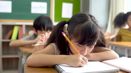 Wall Mural - School girl sitting in school writing in book with pencil, studying, education, learning. Asian children in the class. Student diversity.