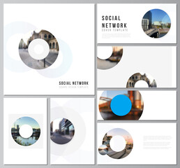 Poster - Vector layouts of modern social network mockups for cover design, website design, website backgrounds or advertising mockups. Background template with rounds, circles for IT, technology. Minimal style