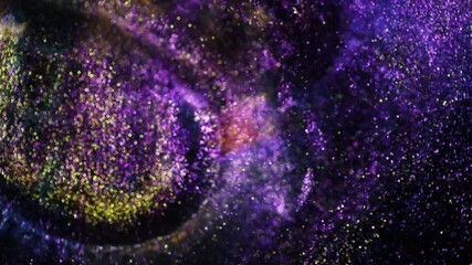 Wall Mural - Festive twinkle glitters background video. Abstract blurred backdrop with circles in motion. Footage with liquid shining particles. Animation with purple and golden colors with glowing effect