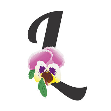 The black letter L decorated with single pansy flower, а bud and two leaves. Bright colorful gradients on the petals. Pink, white, yellow, purple, brown, green colors. Vector illustration, alphabet.