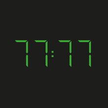 Black Background Of Electronic Clock With Four Green Numbers And Datum 77:77 – Repeating Seventy Seven