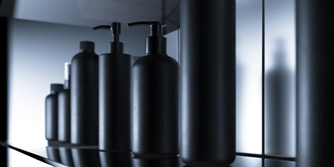 Wall Mural - Blank Black Cosmetic Bottle Products Of Liquid, Cream, Gel, Lotion, Mask. Beauty Product Package Illuminated By Cold Silver Light. 3d rendering