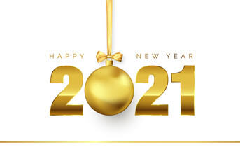 Wall Mural - new year poster with greeting text. golden christmas ball instead of zero in 2021. holiday decoratio