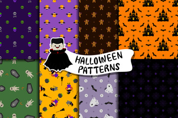 Wall Mural - Set of cute Halloween vector patterns in cartoon style. Kawaii characters, funny holiday symbols. For fabrics, decorative wrapping paper, backgrounds, flyers, textiles.