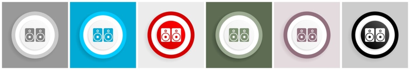 Poster - Set of music speakers, loudspeaker icon set, colorful flat design vector illustrations in 6 options for web design and mobile applications