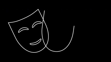 Wall Mural - Self drawing animation of drama, comedy and tragedy masks outlines. Line art on black background. Theatre symbol. Copy space.