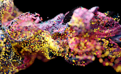 Wall Mural - 3d render of abstract art 3d background with part of surreal growing explosion smoke cloud splash fluid based on small pink yellow and purple foam balls particles in movement with depth of field 