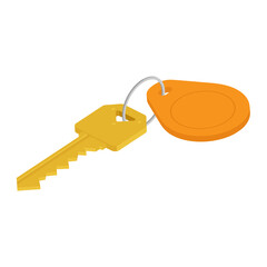 Golden key with blank orange tag. Isometric view. Vector