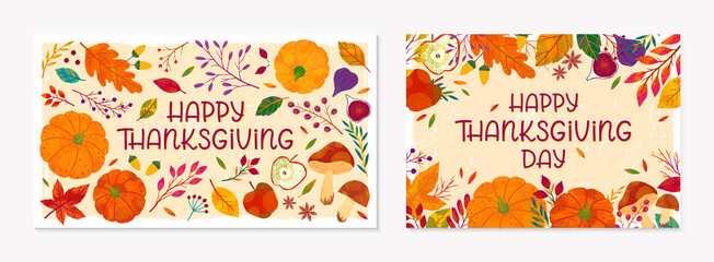 Wall Mural - Thanksgiving postes with leaves and floral elements in fall colors.Greetings cards perfect for prints; flyers; banners; invitations.Trendy fall designs.Vector autumn illustrations
