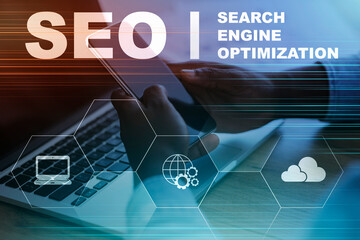 Poster - Unrecognizable Businessman Using Smartphone Sitting In Office, Seo Optimization Collage